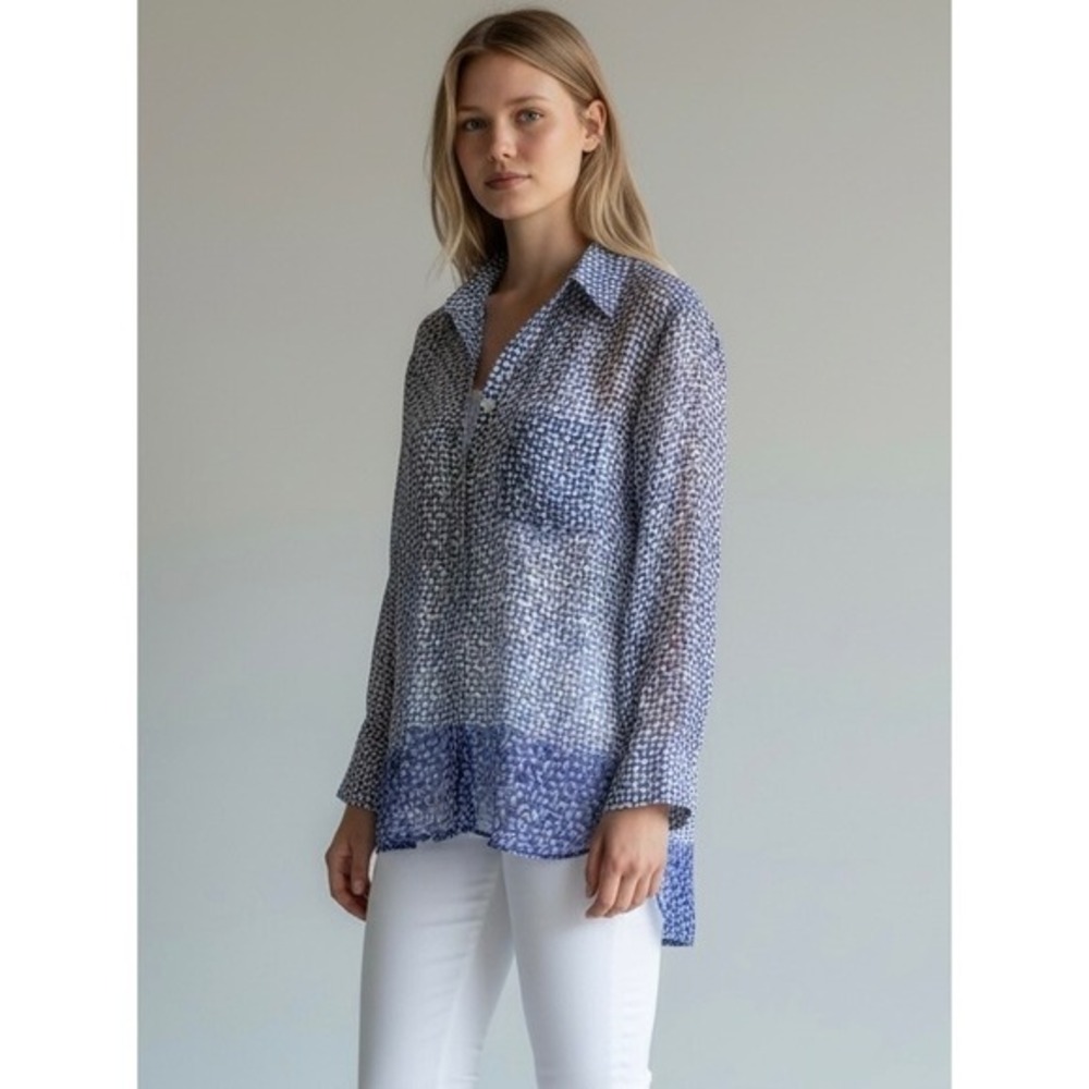 Joe Fresh Blue White Large Geometric Print Sheer Button Down Tunic‎ Shirt Tops